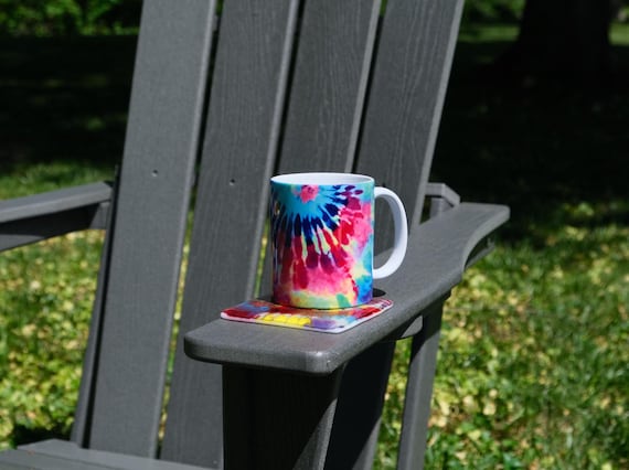 Rainbow (pinks and blues) Tie Dye look 10 oz ceramic sublimation printed mug & matching 4X4 fused glass coaster.   teacher coworker gift