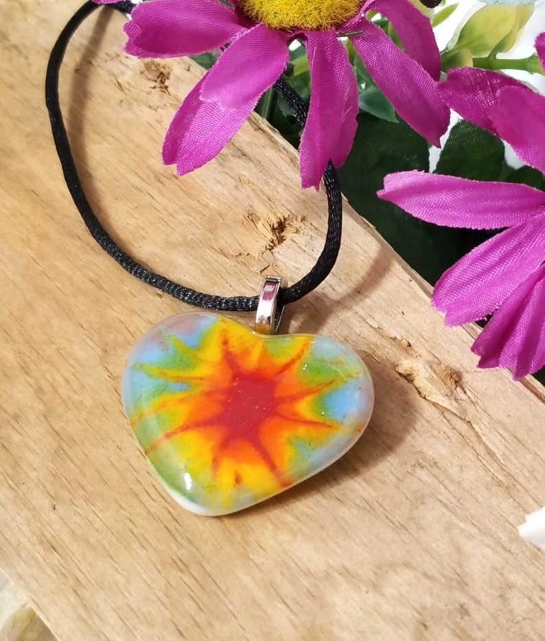 Tie Dye look fused glass pendant Heart necklace rainbow color jewelry