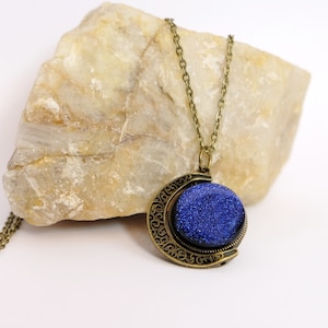 Double Sided Crescent Moon Celestial Pendant Necklace Blue and Orange Dichroic Fused Glass Spinner on 20 inch chain