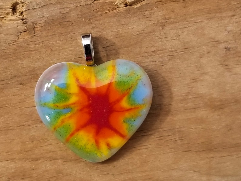 Tie Dye look fused glass pendant Heart necklace rainbow color jewelry