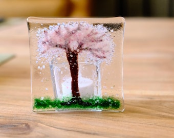 Handmade Cherry Blossom Tree fused glass tea light candle holder