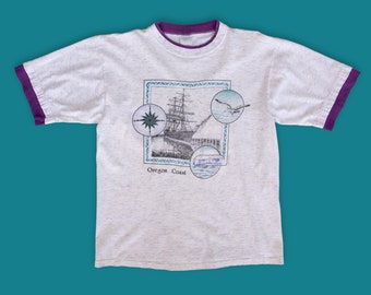 Oregon Coast Souvenir T-Shirt Two Tone Gray Purple Size Large