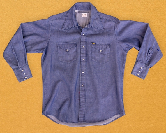 70s Vintage Lee Jeans Heavy Weight Denim Chambray Work Chore Shirt with Pearl Snaps