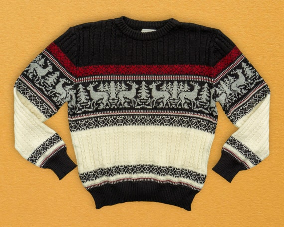 80s Vintage Christmas Sweater with Reindeer Motif… - image 1