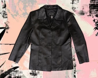 Y2K Vintage Leather Blazer Jacket – Black 2000s Minimalist Style