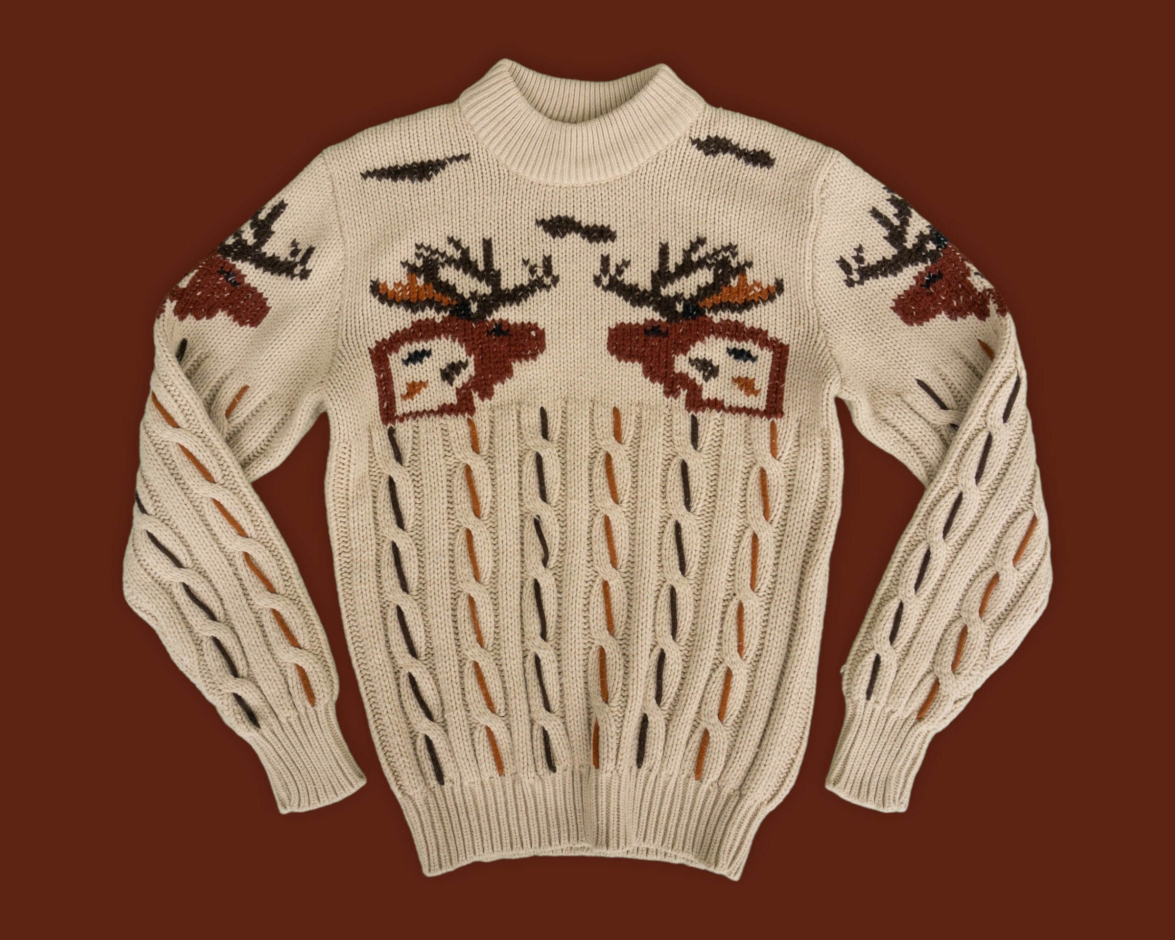 80s Vintage Cable Knit Sweater | Chunky Moose Head Design - Etsy