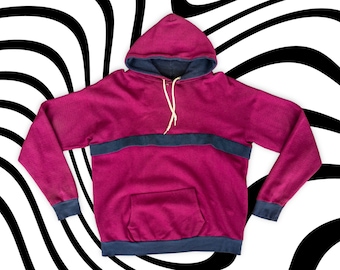 1970s Vintage Two-Tone Hoodie – Retro Thin Color Block Pullover, Burgundy and Navy