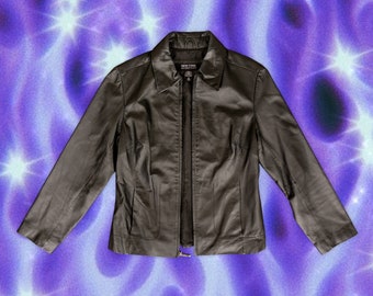 Y2K Vintage Lederjacke - Damen Full-Zip aus weichem schwarzem Leder