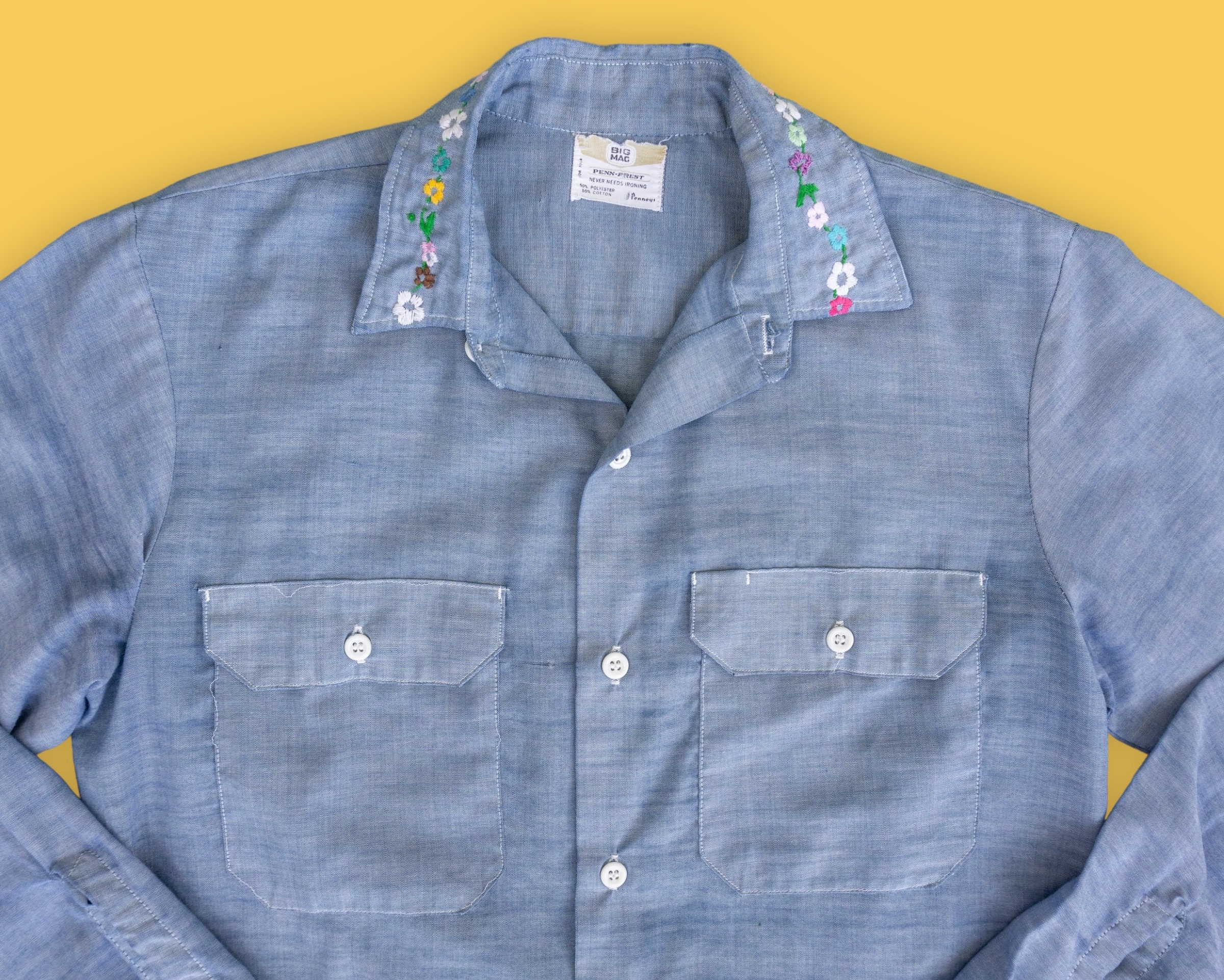 トップス 1970's BIG MAC CHAMBRAY SHIRT M USED 70s Vintage Big Mac Chambray Work Shirt Western Wear Button