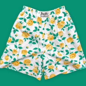 Vintage 90er Jahre Surfer Sommer Gelb Rosen Print Surf Boxer Shorts - Weiße Baumwolle Floral Loungewear