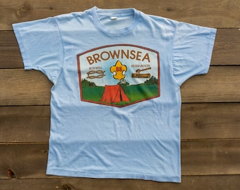 Vintage 80er Jahre Boxwell Reservierung T-Shirt | Verblasstes Blau der Sonne