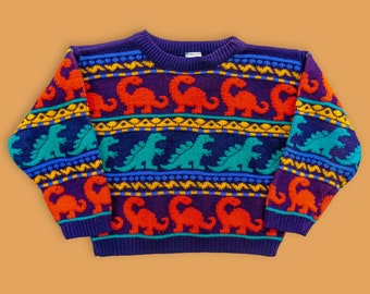 Pull dinosaure pour enfants vintage des années 1980 - imprimé animal préhistorique coloré lumineux - pull en tricot rétro confortable - mode hiver pour enfants