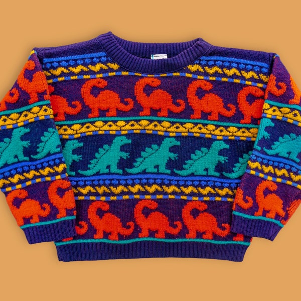 1980s Vintage Kids Dinosaur Sweater - Bright Colorful Prehistoric Animal Print - Cozy Retro Knit Pullover - Children's Winter Fashion