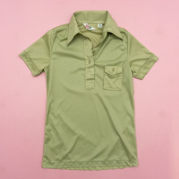 70s Vintage Polyester Polo Shirt Mint Green Size Small