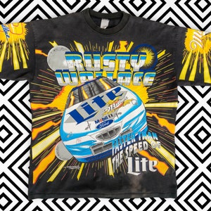 Camiseta NASCAR Rusty Wallace Miller Lite de los años 90 Talla XL Todo estampado