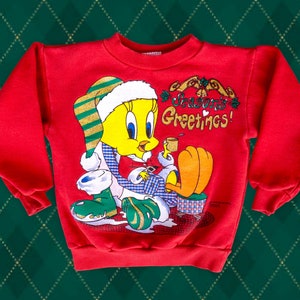 Sudadera navideña para niños con el pájaro Tweety vintage de los años 90: camiseta con dibujos animados navideños de Looney Tunes