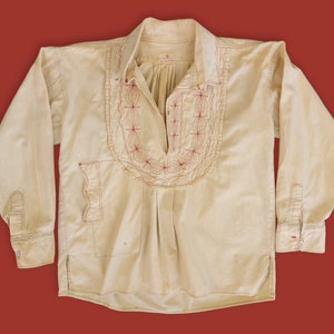 1960s Vintage Cream Cotton Tunic Size Medium Handmade in Mexico, Intricate Red Embroidery, Bohemian Peasant Blouse image 1