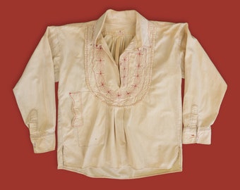 1960s Vintage Cream Cotton Tunic Size Medium - Handmade in Mexico, Intricate Red Embroidery, Bohemian Peasant Blouse