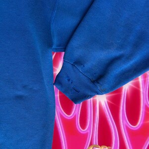 May include: A blue sweatshirt with a few small holes in the sleeve.