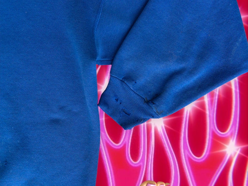 May include: A blue sweatshirt with a few small holes in the sleeve.