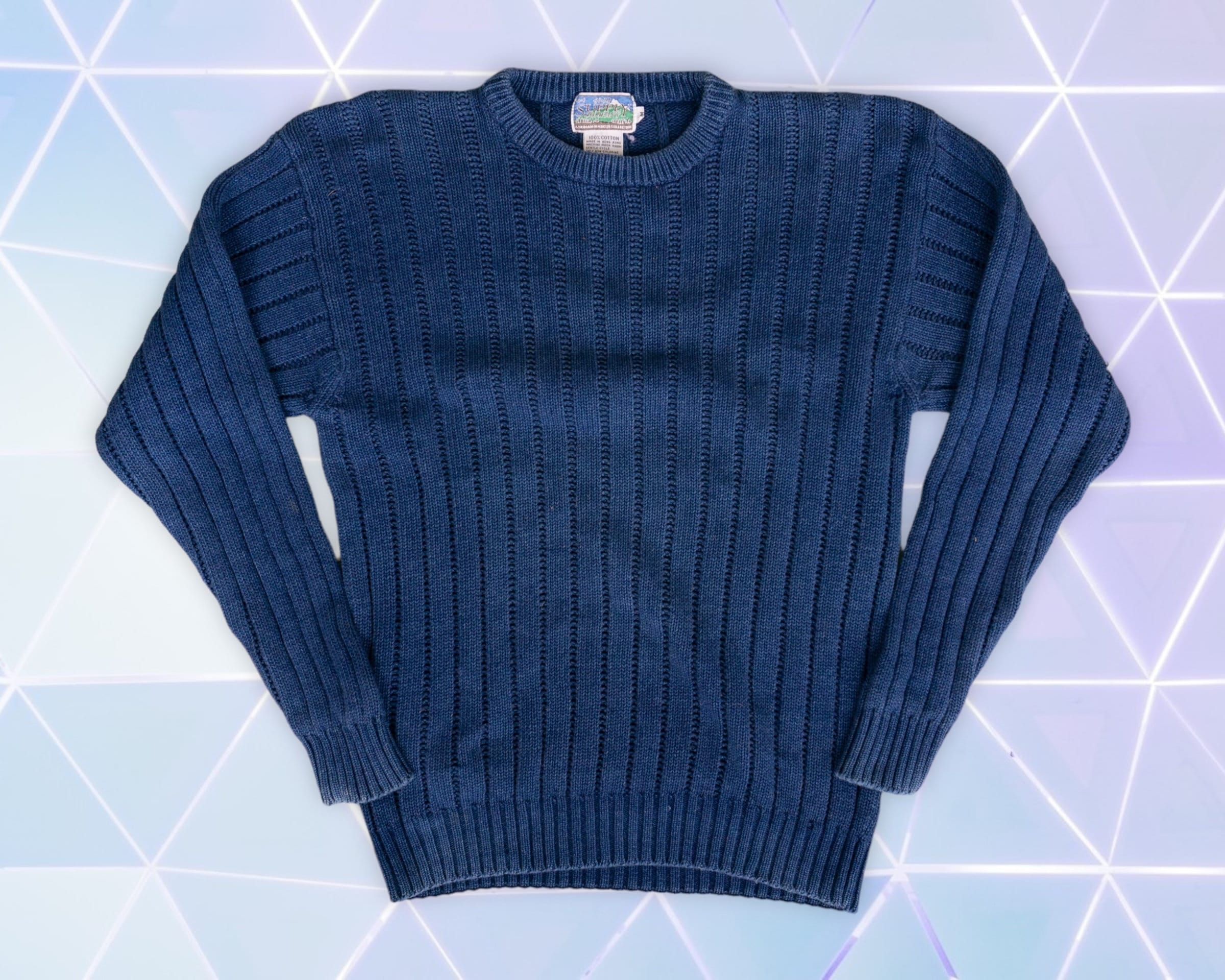 Gruby sweter z lat 80. | Sweter z dzianiny | Wyblakły niebieski sweter | Sweter z dzianiny kablowej | Sweter Neiman Marcus Vintage