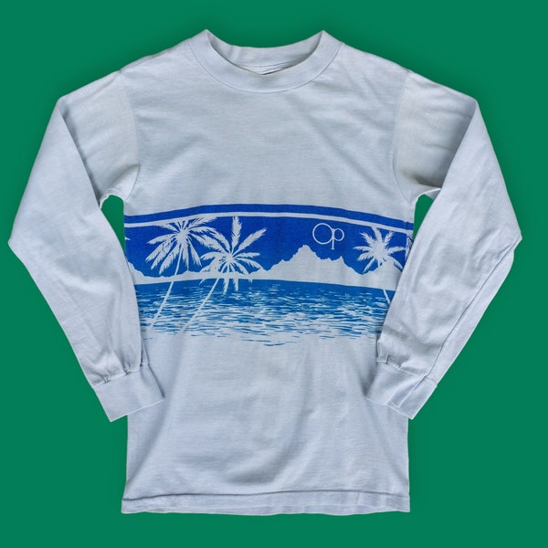 1980s Vintage OP Surf Shirt - Ocean Pacific Surfing Shirt - 80s Vintage Long Sleeve T-Shirt - Light Blue
