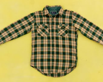 70s Green Plaid Flannel Shirt | Vintage Grunge Style