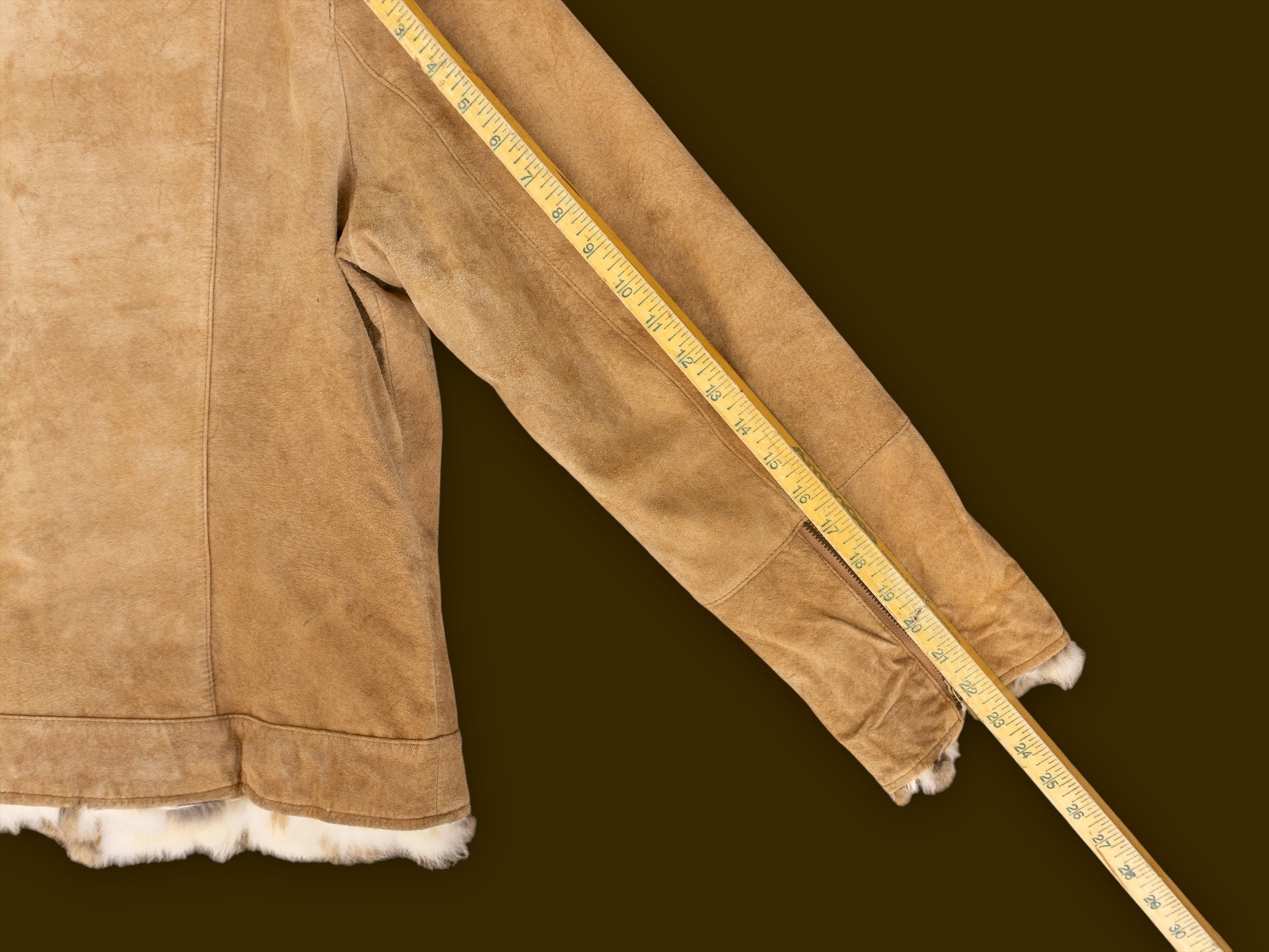 Vintage Y2K Suede Jacket With Real Rabbit Fur Collar and