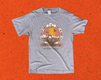 Vintage 1980s Jackson Hole Wyoming T-Shirt, Gray, Paper Thin, Southwestern Deer Graphic, Size Small