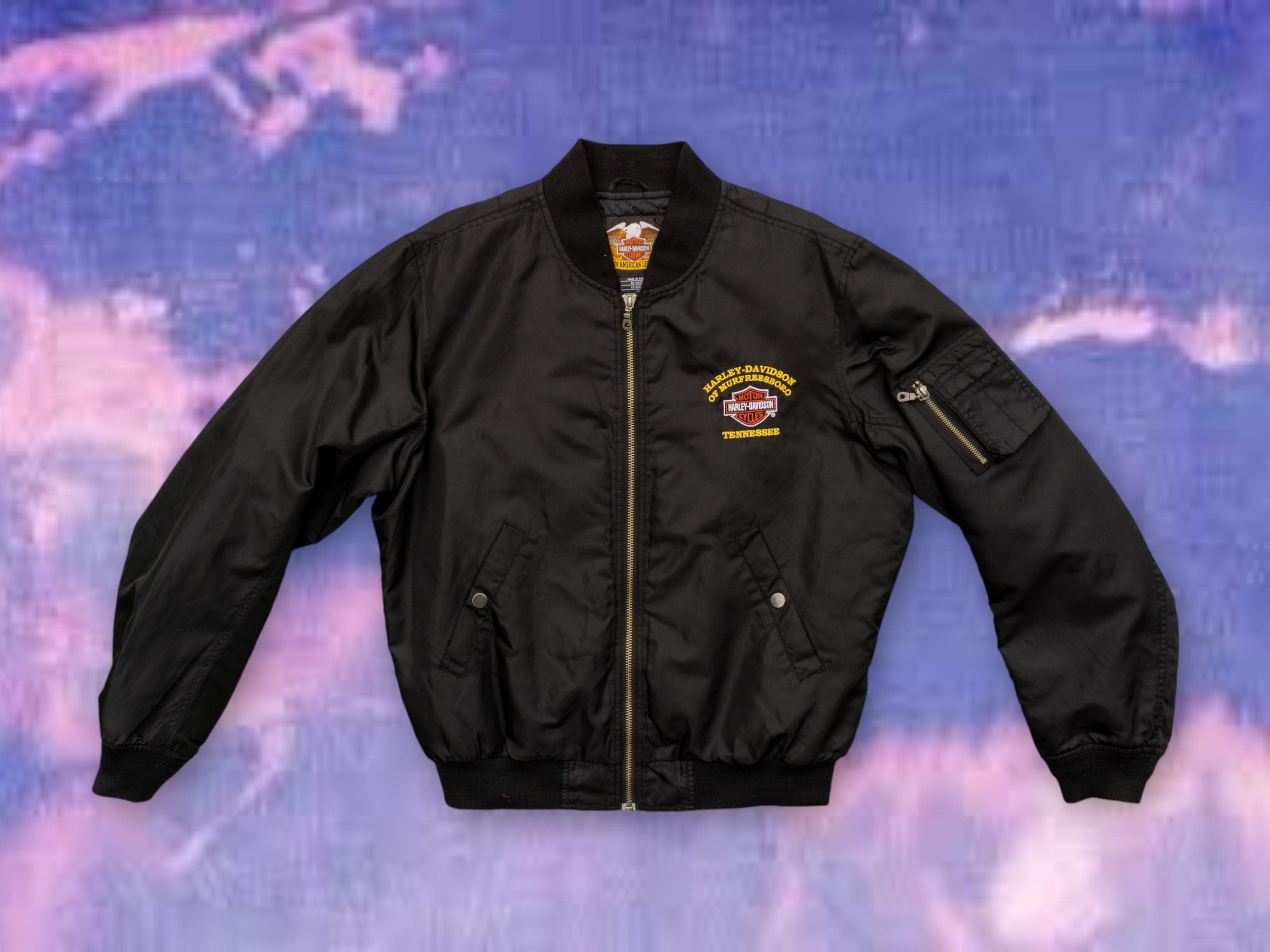 Vintage Harley Davidson Embroidered Bomber Jacket Black Motorcycle