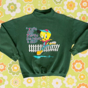 Sudadera de cuello alto vintage de Tweety Bird, años 90, verde oscuro, frase divertida