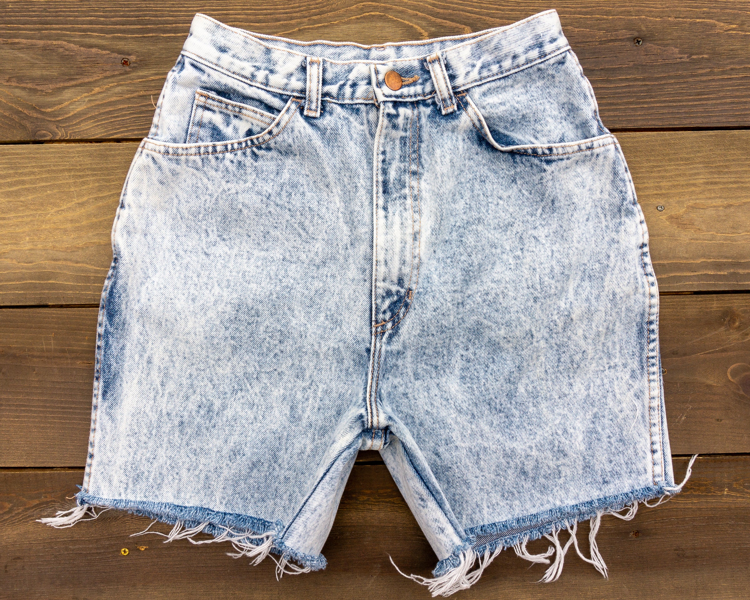 80s Vintage Acid Wash Denim Bermuda Shorts High Waisted Cutoffs, Size 24