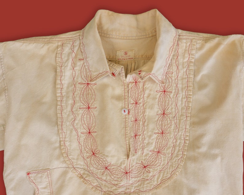 1960s Vintage Cream Cotton Tunic Size Medium Handmade in Mexico, Intricate Red Embroidery, Bohemian Peasant Blouse image 3