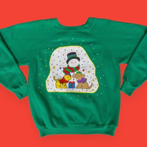 Homemade 90s Vintage Ugly Christmas Sweatshirt Snowman and Dogs Holiday Sweater Tacky Xmas Pullover