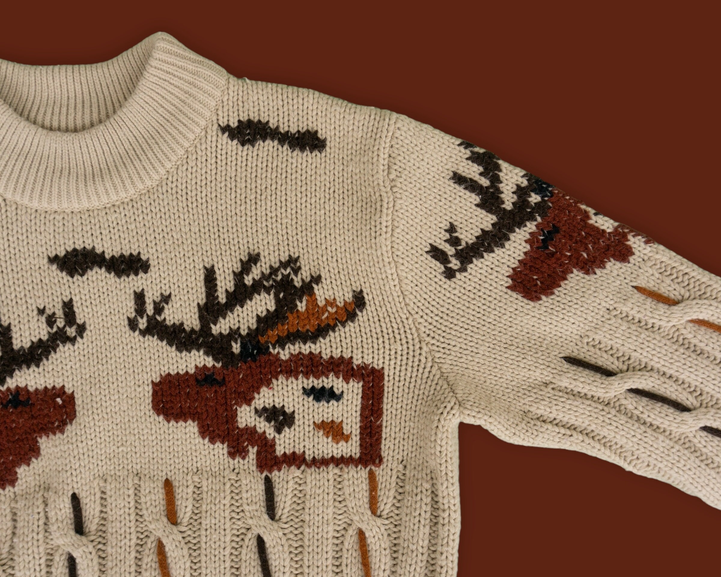80s Vintage Cable Knit Sweater | Chunky Moose Head Design - Etsy