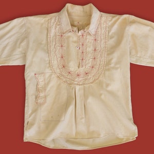 1960s Vintage Cream Cotton Tunic Size Medium Handmade in Mexico, Intricate Red Embroidery, Bohemian Peasant Blouse image 2