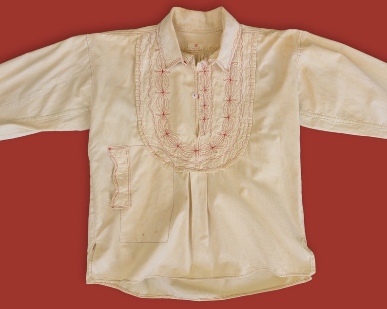 1960s Vintage Cream Cotton Tunic Size Medium Handmade in Mexico, Intricate Red Embroidery, Bohemian Peasant Blouse image 2