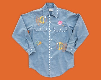 Vintage Denim Chambray Shirt Embroidered - Indian Cotton Shirt - 70s Work Shirt Western Style - 1970s Button Up Shirt - Size Medium