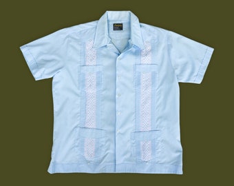 60s Vintage Blue Cabana Shirt Size XL - Hawaiian Tropical Vacation Embroidered Beach Shirt