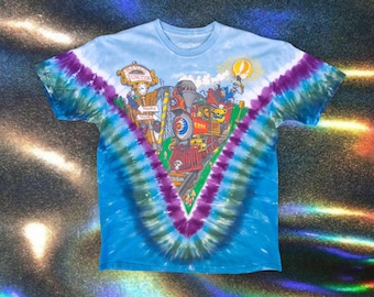 Vintage Y2K Grateful Dead Liquid Blue Tie-Dye T-Shirt, Train Bear Graphic