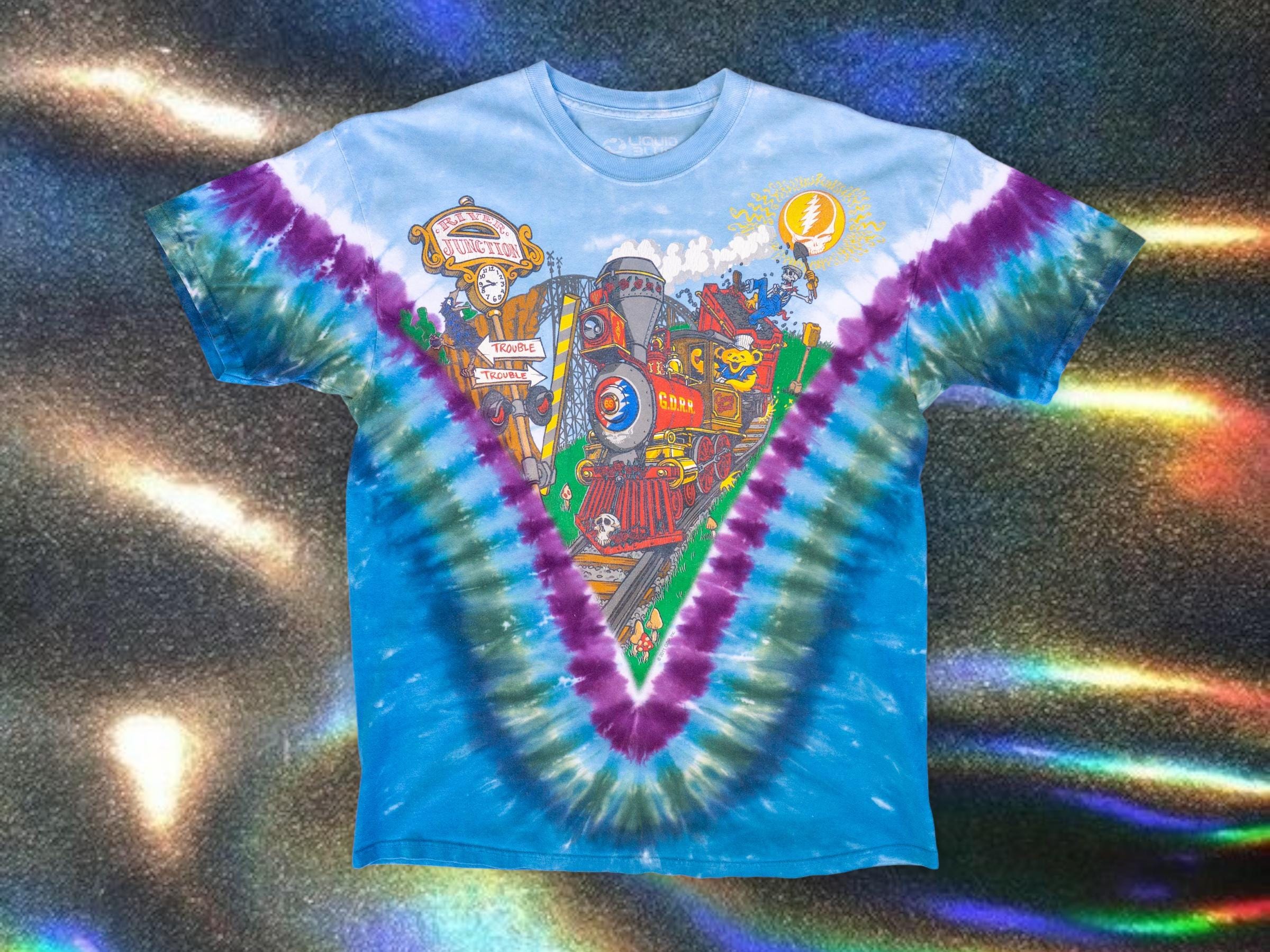 Vintage Y2K Grateful Dead Liquid Blue Tie-dye T-shirt, Train Bear