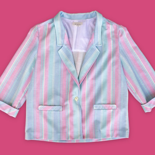 80s Vintage Pastel Colored Blazer with Vertical Stripes | Vintage Blazer for Women Spring Summer | Oversized Blazer Lightweight - Size XL