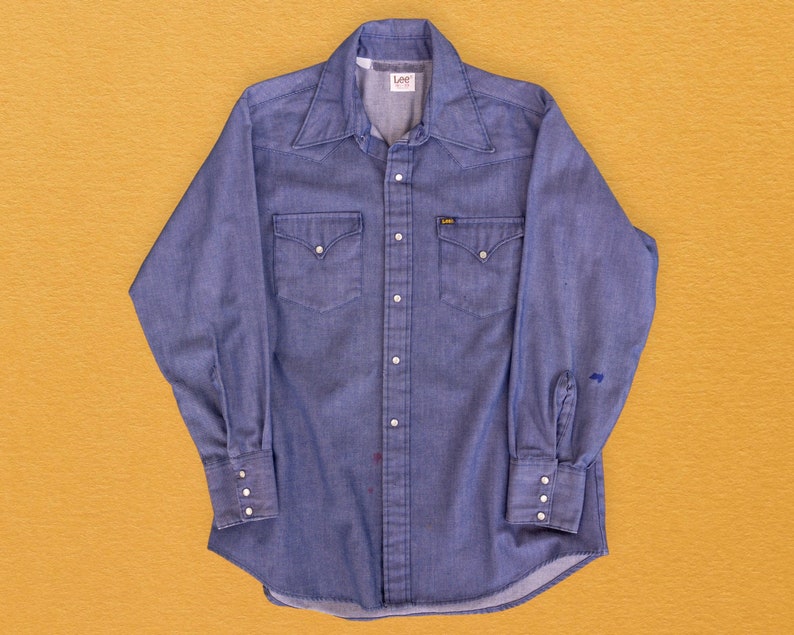 70s Vintage Lee Jeans Heavy Weight Denim Chambray Work Chore Shirt with Pearl Snaps image 2