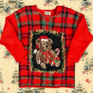 Vintage 90s Plaid Christmas Sweater Teddy Bear Design, Cozy