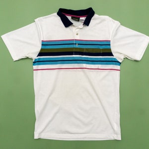 90s Vintage Jantzen Polo Shirt with Multicolor Chest Stripe | Collared Golf Tennis Shirt for Men | Paper Thin Dad Shirt Size Large