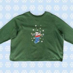 Oversized 90s Vintage Ugly Christmas Sweatshirt Cat in Stocking Holiday Sweater Tacky Xmas Pullover