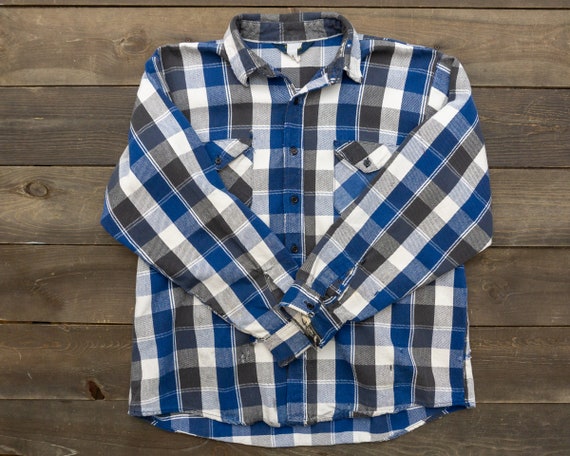 90s Thick Flannel Shirt | Heavyweight Flannel | Blue … - Gem