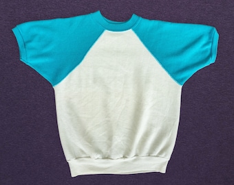 1980s Vintage Short Sleeve Sweatshirt - White and Blue Raglan Sweatshirt Size Medium