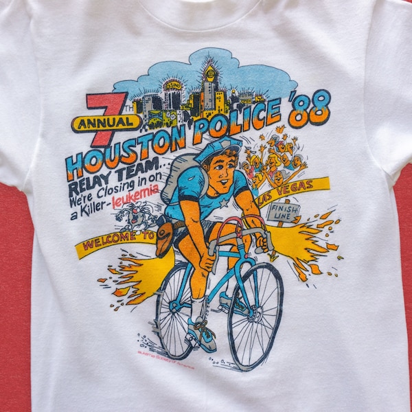 80s Vintage Houston Police Bike Relay T-Shirt - Vintage Marathon T-Shirt | Lukemia Bike a Thon T-Shirt - Vintage Caricature Shirt