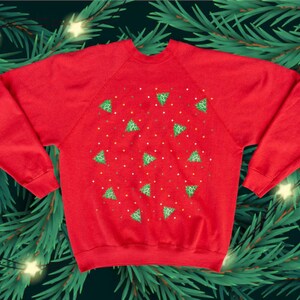 Vintage 80s Ugly Christmas Sweatshirt with Tree Pattern - Festive Holiday Top